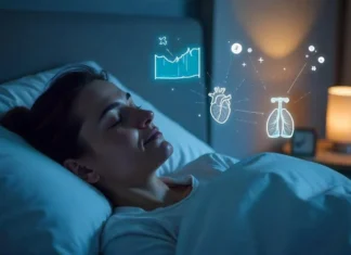 Woman sleeping peacefully with symbols of improved breathing and heart health after using Zepbound.