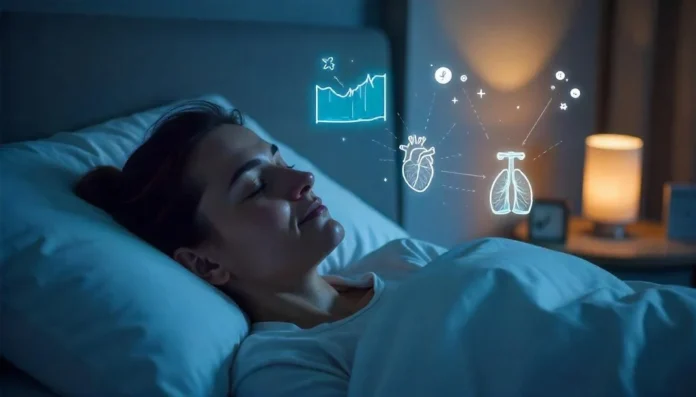 Woman sleeping peacefully with symbols of improved breathing and heart health after using Zepbound.