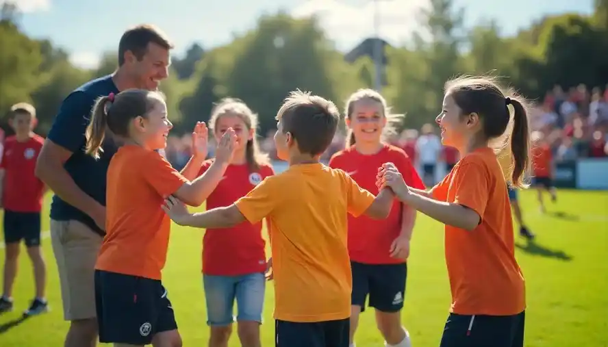 Children celebrating with their coach during a 10u Football Dortey game, highlighting teamwork and fun. 