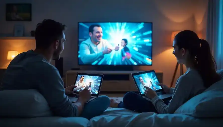 A family using fast internet devices, streaming a movie, and attending a video call with no lag.