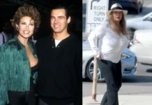 Side-by-side photos showing Raquel Welch in green fringe dress with James Westley Welch in 1980s, and a recent casual street photo