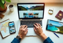 Travelers using Albino-Monkey.net Travel Archives on devices to plan authentic adventures with world map background