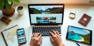 Travelers using Albino-Monkey.net Travel Archives on devices to plan authentic adventures with world map background