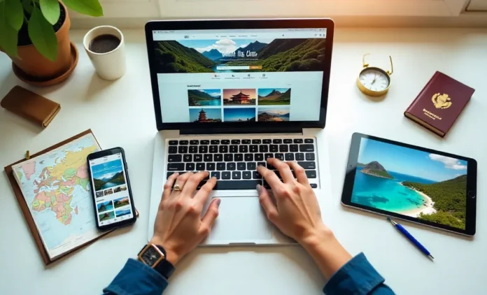 Travelers using Albino-Monkey.net Travel Archives on devices to plan authentic adventures with world map background