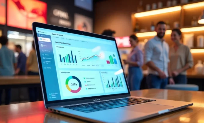 MSTStoreNet dashboard on laptop with retail tools, cloud storage, and analytics for 2025 business growth.