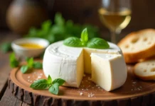 Traditional Italian Pollaste sheep cheese wheel on wooden board with herbs, wine and bread - authentic Piedmont specialty