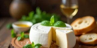 Traditional Italian Pollaste sheep cheese wheel on wooden board with herbs, wine and bread - authentic Piedmont specialty