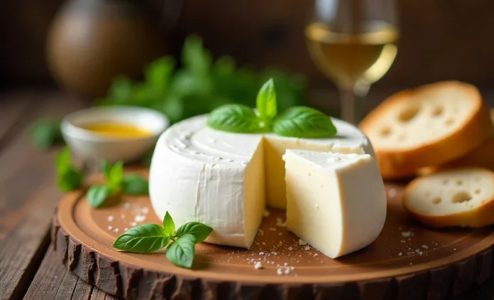 Traditional Italian Pollaste sheep cheese wheel on wooden board with herbs, wine and bread - authentic Piedmont specialty