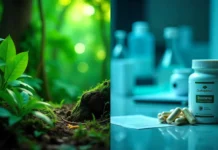 Quetaquenosol supplement capsules next to Amazon rainforest plants showing traditional and modern medicine