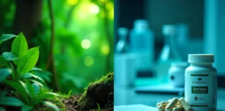Quetaquenosol supplement capsules next to Amazon rainforest plants showing traditional and modern medicine