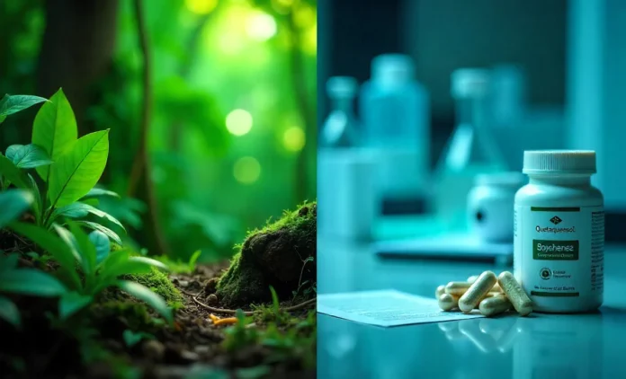 Quetaquenosol supplement capsules next to Amazon rainforest plants showing traditional and modern medicine
