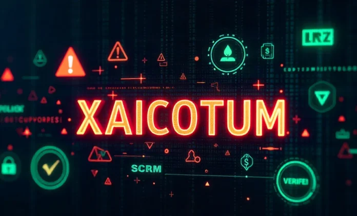 XAICOTUM digital security analysis showing cryptocurrency scam warnings and verification symbols for online safety