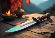 Gugequshi phurba dagger with three-sided blade and vajra handle representing Tibetan Buddhist transformation practices