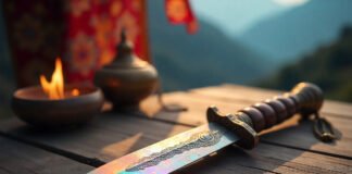 Gugequshi phurba dagger with three-sided blade and vajra handle representing Tibetan Buddhist transformation practices