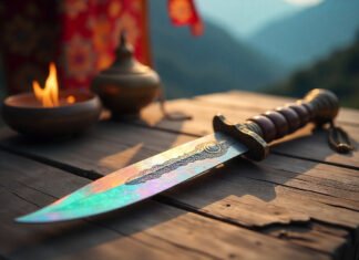 Gugequshi Complete Guide: Ancient Practice, Modern Benefits Gugequshi phurba dagger with three-sided blade and vajra handle representing Tibetan Buddhist transformation practices